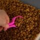 Hand Scooping Up A Portion Of Brown Dog Food Kibble With A Small Bright Pink Measuring Cup Spoon